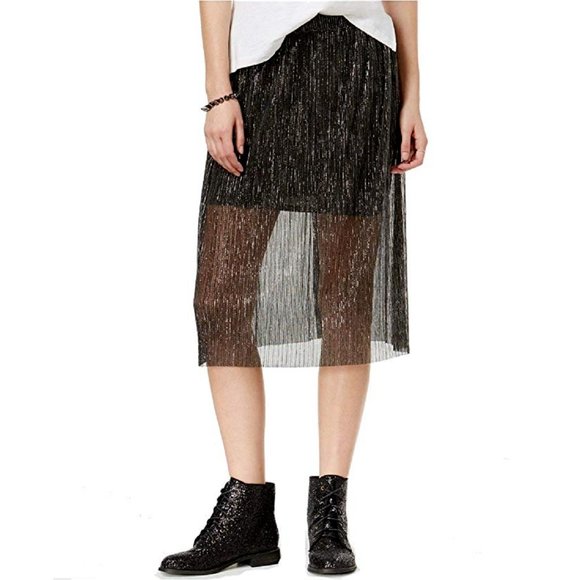SHIFT Juniors' Sheer Metallic Pleated Skirt in Black/Silver, Size Small - Picture 1 of 5